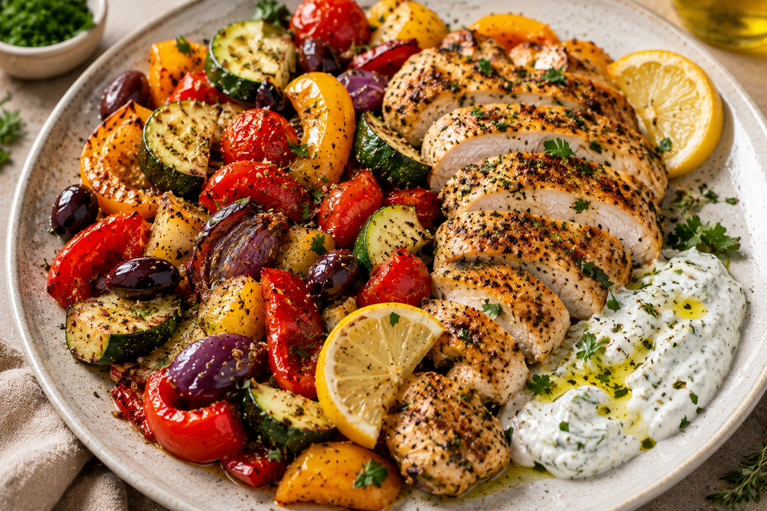 Mediterranean Lemon Chicken with Roasted Veg & Herby Yoghurt: A GLP-1 Feast